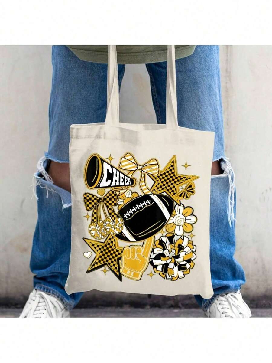 1pc Women'S Retro Football Cheer Tote Bag With Coquette Bow & Touchdown Print- Golden & Black Game Day Design, Reusable Grocery Shopping Bag, Fade-Resistant, Fixed Shoulder Straps, Unlined Open-Top