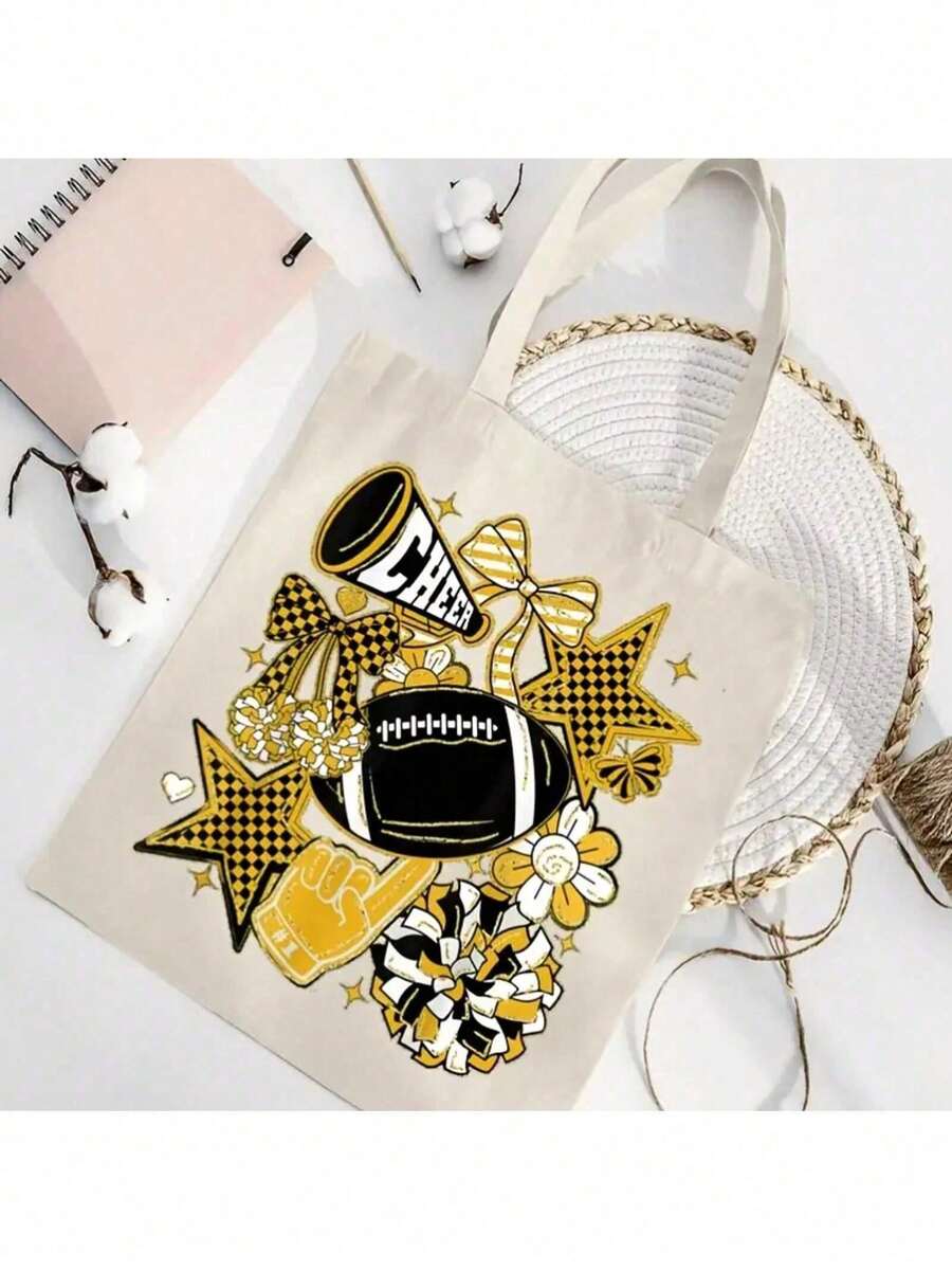 1pc Women'S Retro Football Cheer Tote Bag With Coquette Bow & Touchdown Print- Golden & Black Game Day Design, Reusable Grocery Shopping Bag, Fade-Resistant, Fixed Shoulder Straps, Unlined Open-Top