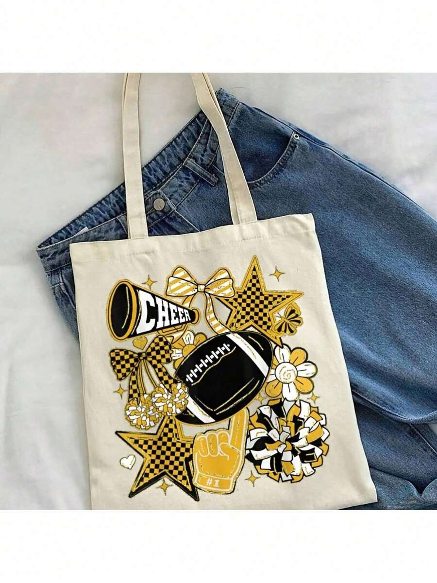 1pc Women'S Retro Football Cheer Tote Bag With Coquette Bow & Touchdown Print- Golden & Black Game Day Design, Reusable Grocery Shopping Bag, Fade-Resistant, Fixed Shoulder Straps, Unlined Open-Top