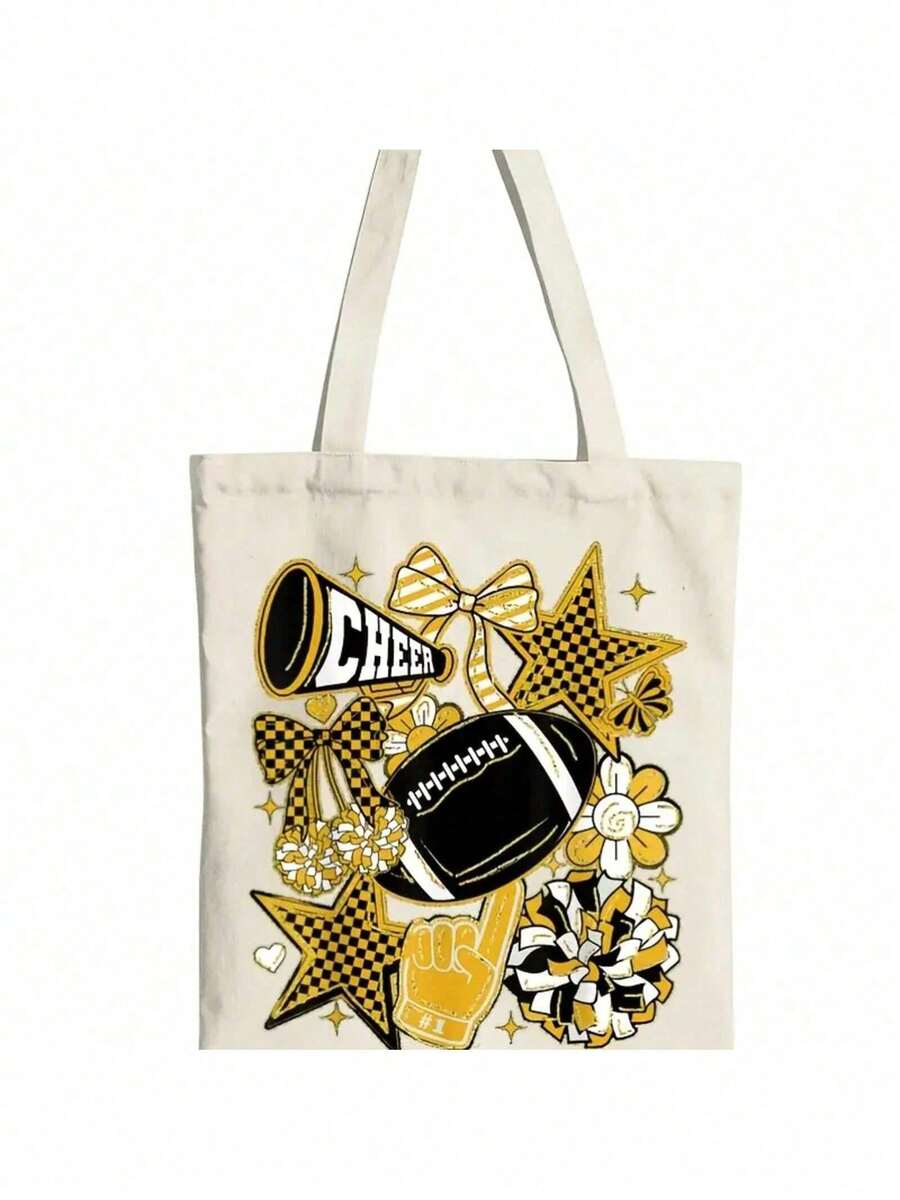 1pc Women'S Retro Football Cheer Tote Bag With Coquette Bow & Touchdown Print- Golden & Black Game Day Design, Reusable Grocery Shopping Bag, Fade-Resistant, Fixed Shoulder Straps, Unlined Open-Top