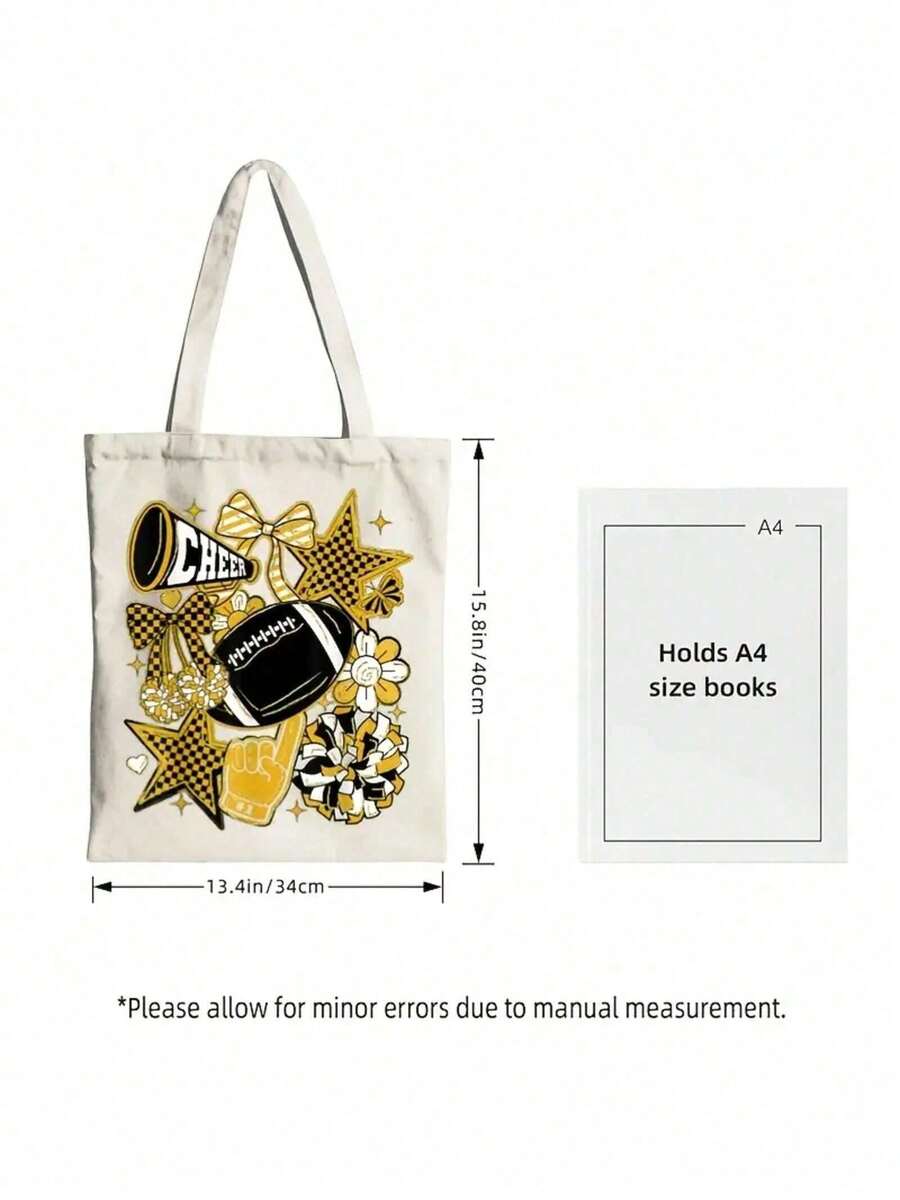 1pc Women'S Retro Football Cheer Tote Bag With Coquette Bow & Touchdown Print- Golden & Black Game Day Design, Reusable Grocery Shopping Bag, Fade-Resistant, Fixed Shoulder Straps, Unlined Open-Top