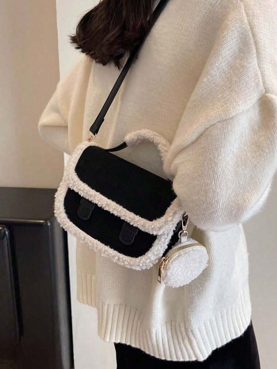Fashionable Retro Style Black Mini Tote Bag With Furry Edge, New Arrival Fur Purse, New Arrival Fur Bag For Women, Small Bags