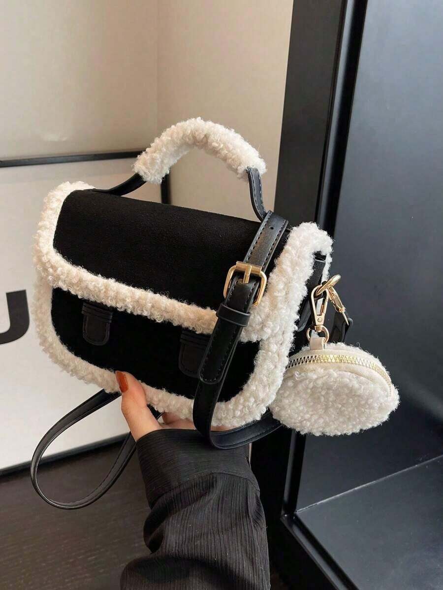 Fashionable Retro Style Black Mini Tote Bag With Furry Edge, New Arrival Fur Purse, New Arrival Fur Bag For Women, Small Bags