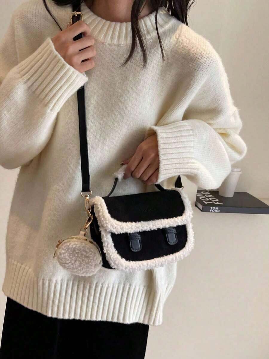 Fashionable Retro Style Black Mini Tote Bag With Furry Edge, New Arrival Fur Purse, New Arrival Fur Bag For Women, Small Bags