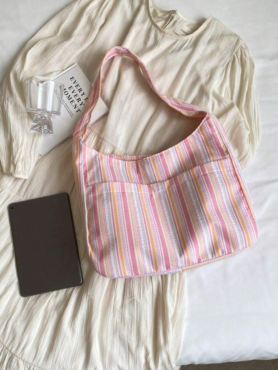 1PC Large Capacity Women Cloth Tote Bag, Shoulder Bag, Casual Stripe Fabric Handbag, Pink, Beach