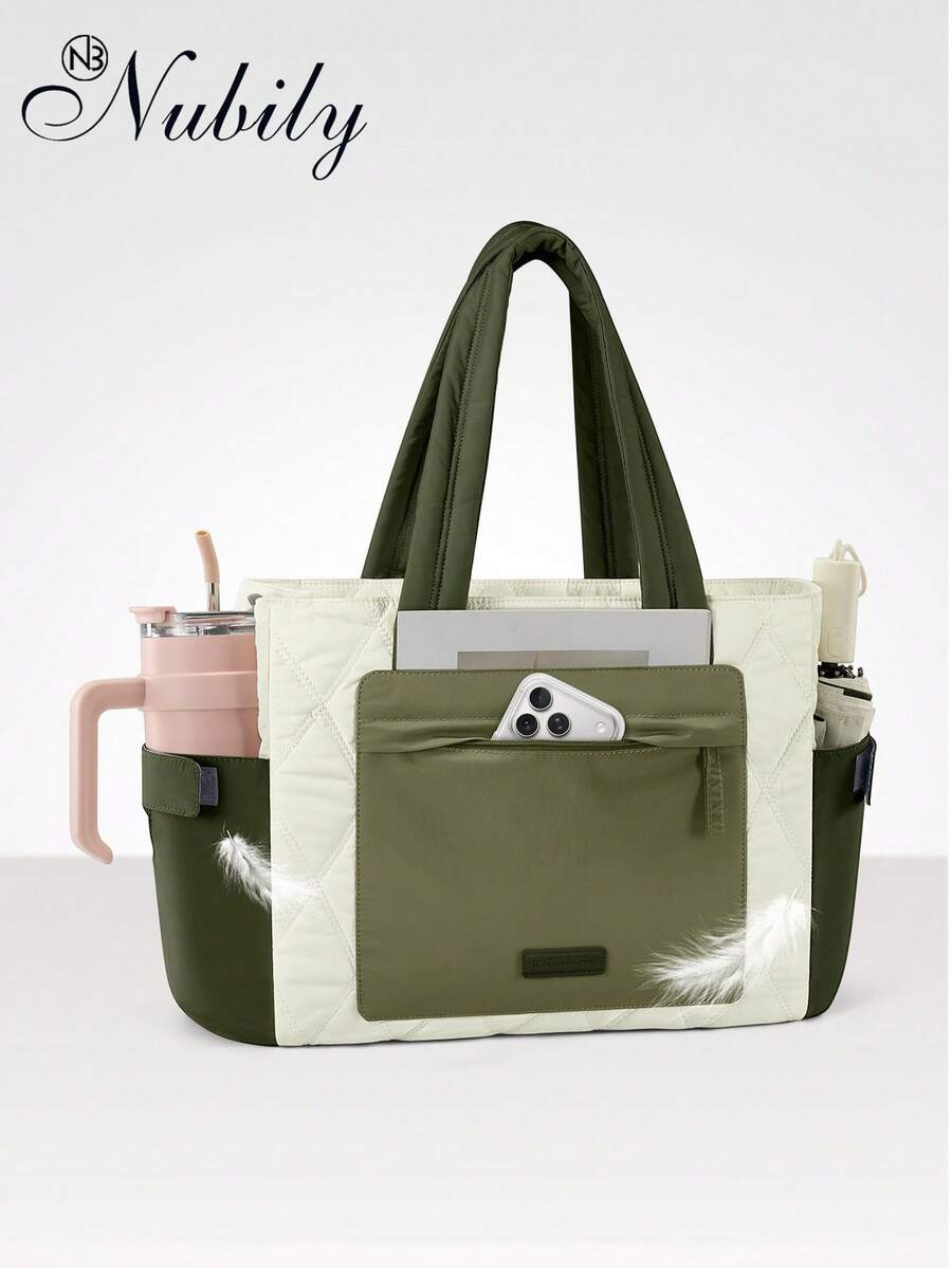 Lightweight Quilted Tote Bag For Women, Large Capacity Water Bottle Holder Tote Bag, Multi-Pocket Padded Nylon Shoulder Handbag, Casual Work & Travel Tote Purse For Office, School, Daily Use