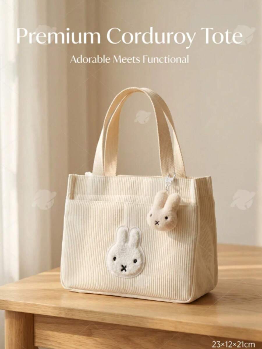 MIFFY Official Cute Japanese Style Corduroy Tote Bag, Rabbit Face Applique, Lightweight And Portable Lunch Bento Bag