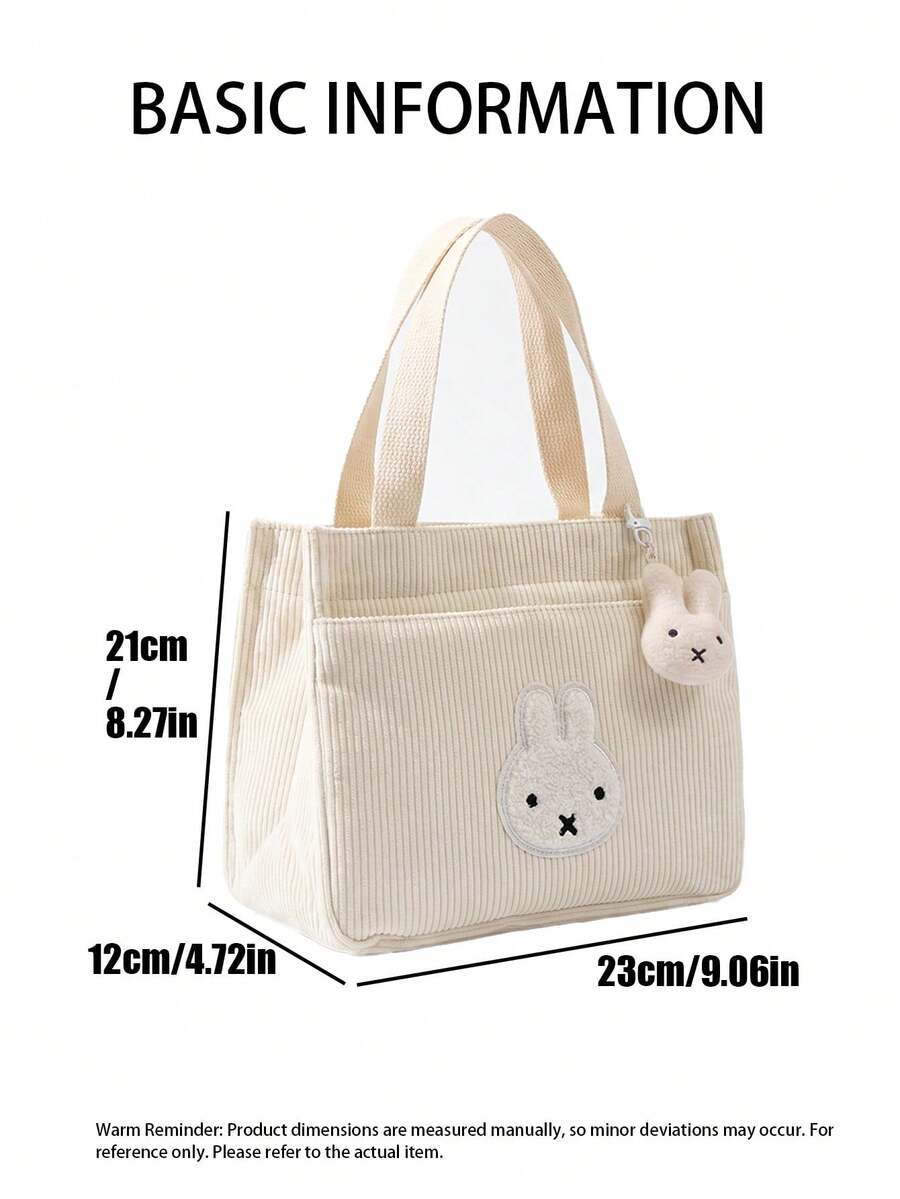 MIFFY Official Cute Japanese Style Corduroy Tote Bag, Rabbit Face Applique, Lightweight And Portable Lunch Bento Bag