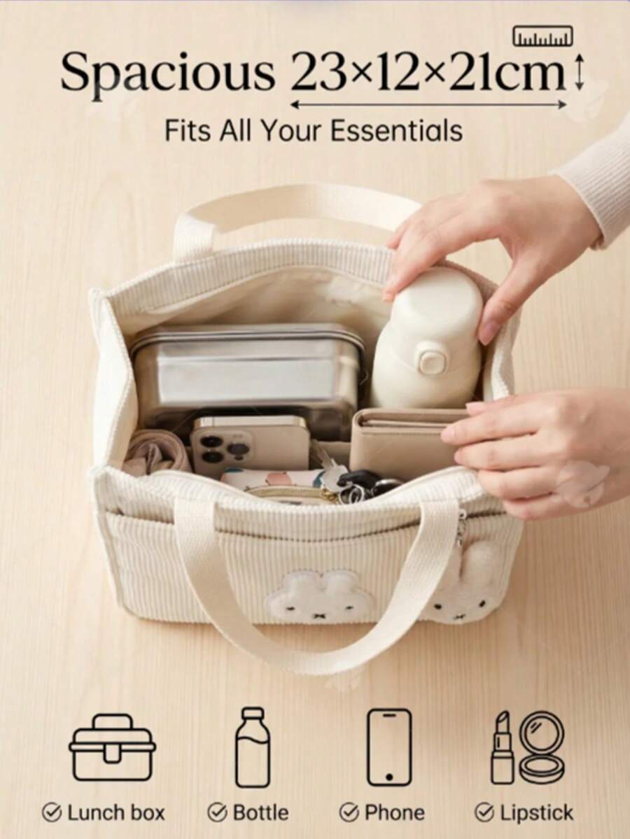 MIFFY Official Cute Japanese Style Corduroy Tote Bag, Rabbit Face Applique, Lightweight And Portable Lunch Bento Bag