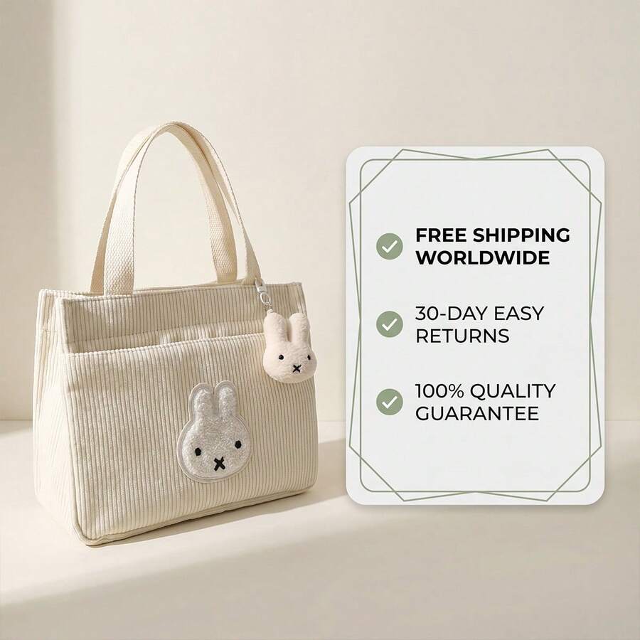 MIFFY Official Cute Japanese Style Corduroy Tote Bag, Rabbit Face Applique, Lightweight And Portable Lunch Bento Bag