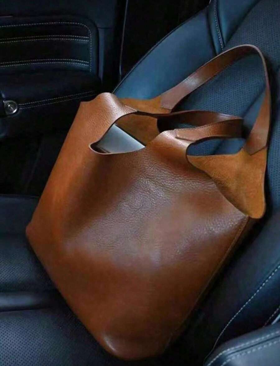 Retro Large Capacity Women's Handbag, Niche High-End Tote Bag, Made Of Solid Color Waterproof PU Fabric, Portable Commuter Handbag Suitable For Daily Travel And Shopping
