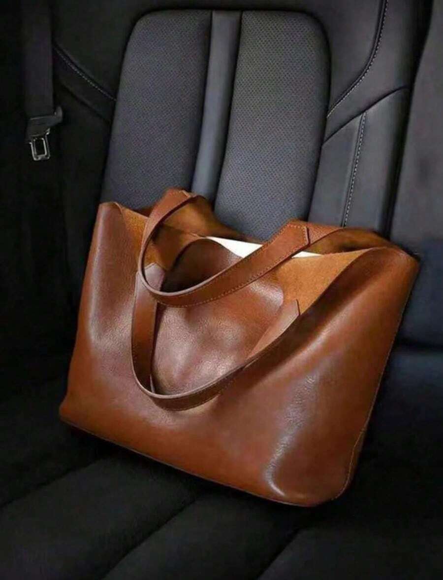 Retro Large Capacity Women's Handbag, Niche High-End Tote Bag, Made Of Solid Color Waterproof PU Fabric, Portable Commuter Handbag Suitable For Daily Travel And Shopping