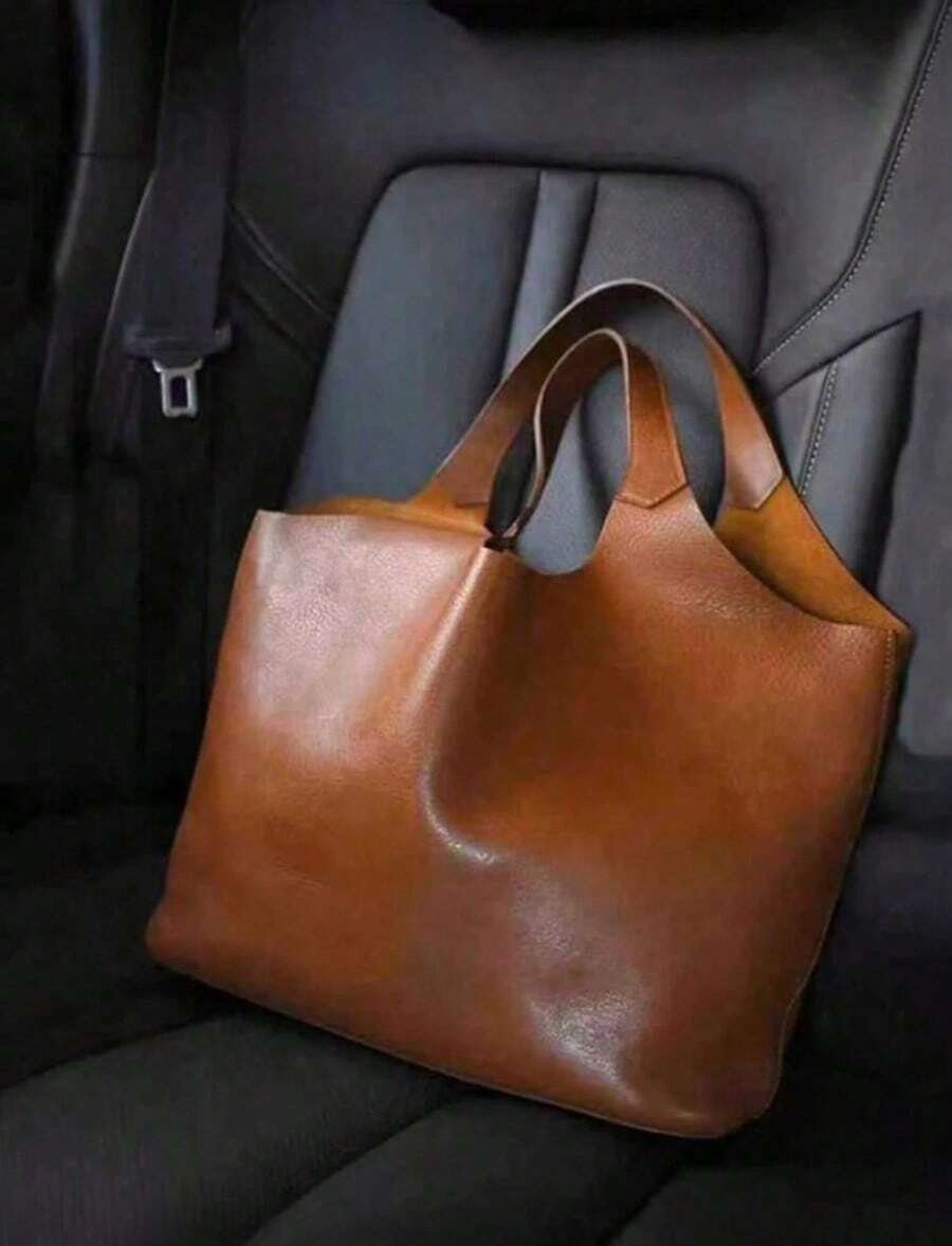 Retro Large Capacity Women's Handbag, Niche High-End Tote Bag, Made Of Solid Color Waterproof PU Fabric, Portable Commuter Handbag Suitable For Daily Travel And Shopping