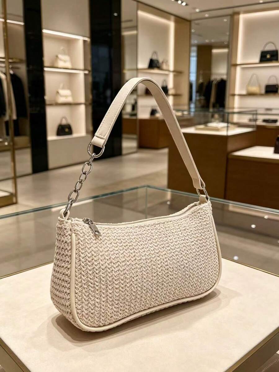 Women's Straw Crossbody Bag, Gold Chain Strap, Summer Beach Casual Tote