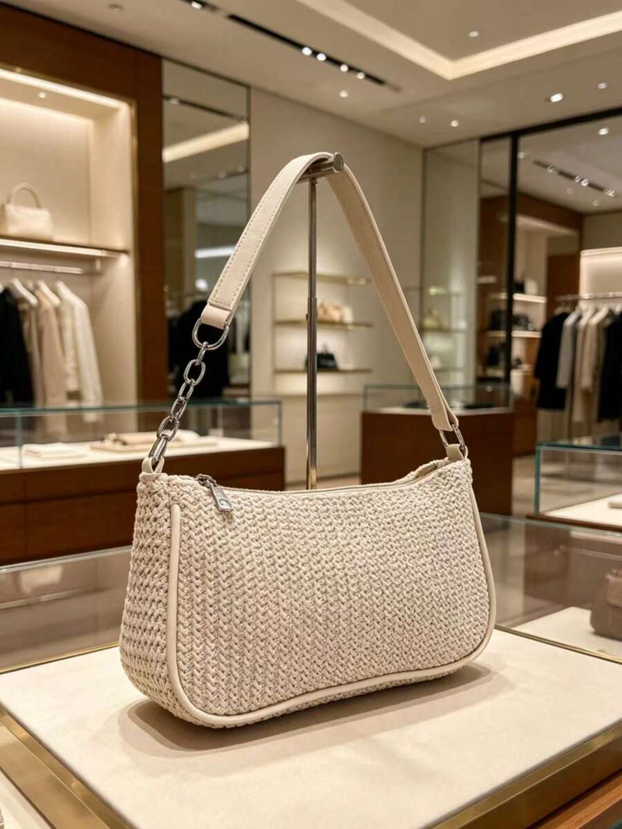 Women's Straw Crossbody Bag, Gold Chain Strap, Summer Beach Casual Tote