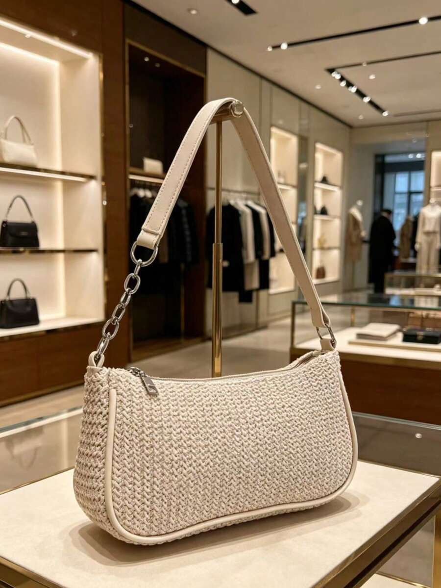 Women's Straw Crossbody Bag, Gold Chain Strap, Summer Beach Casual Tote
