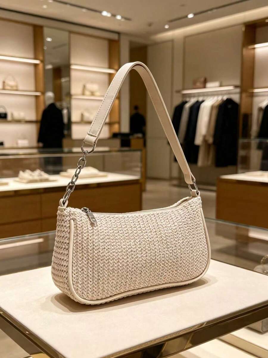 Women's Straw Crossbody Bag, Gold Chain Strap, Summer Beach Casual Tote