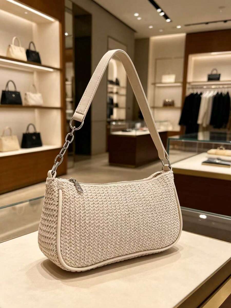 Women's Straw Crossbody Bag, Gold Chain Strap, Summer Beach Casual Tote