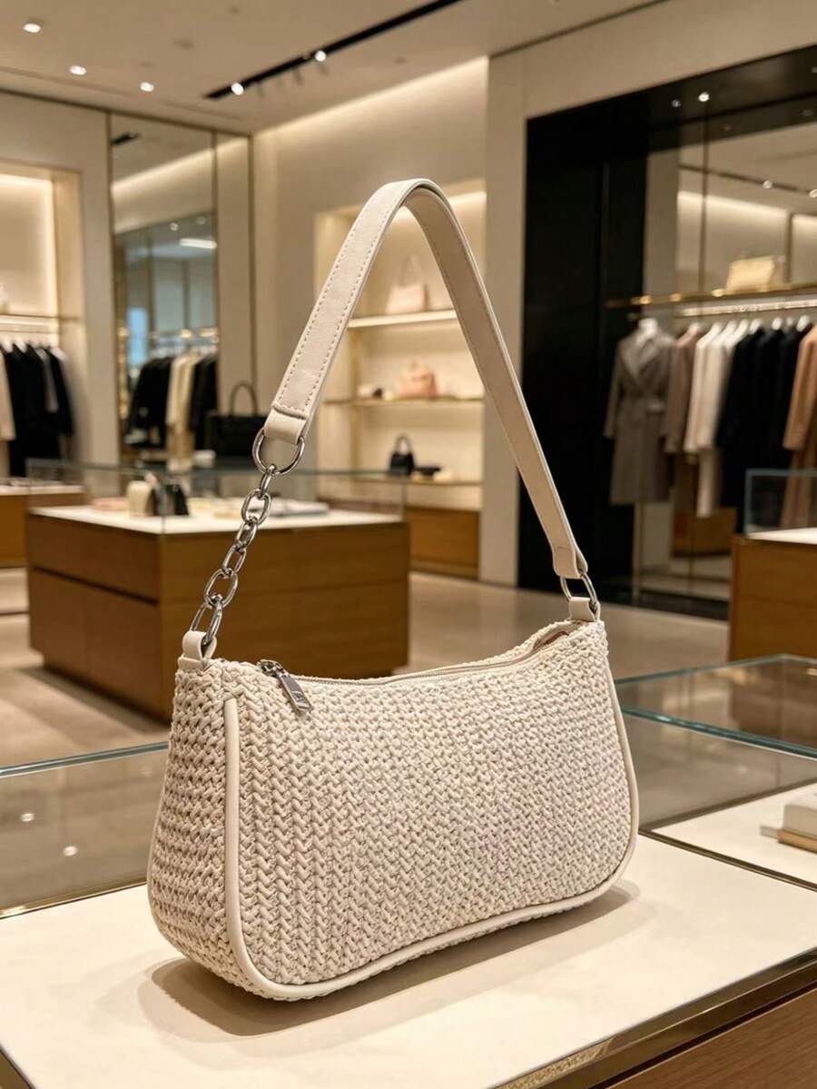 Women's Straw Crossbody Bag, Gold Chain Strap, Summer Beach Casual Tote