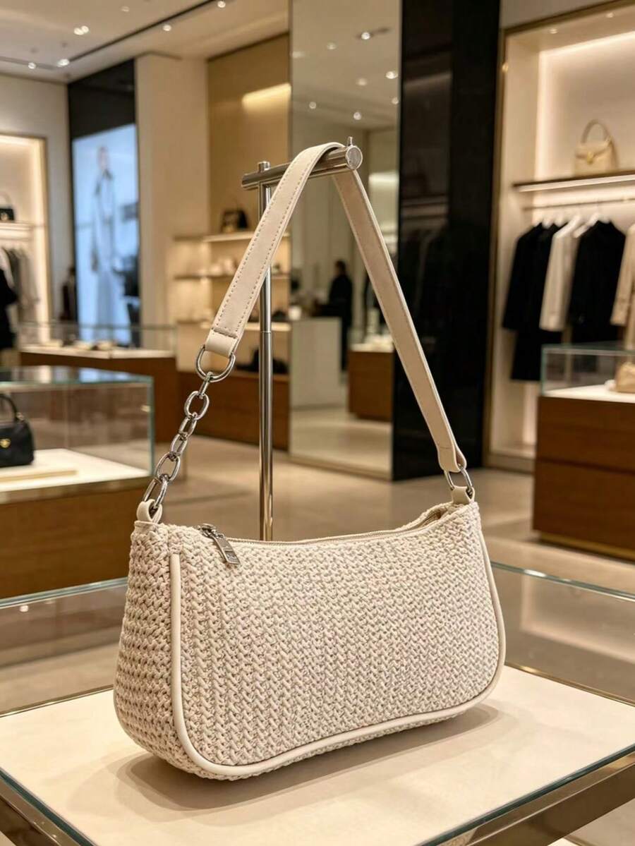Women's Straw Crossbody Bag, Gold Chain Strap, Summer Beach Casual Tote