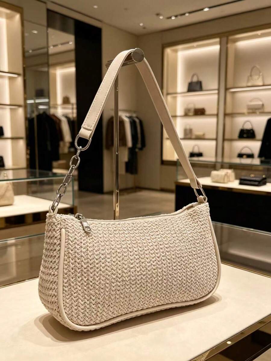 Women's Straw Crossbody Bag, Gold Chain Strap, Summer Beach Casual Tote