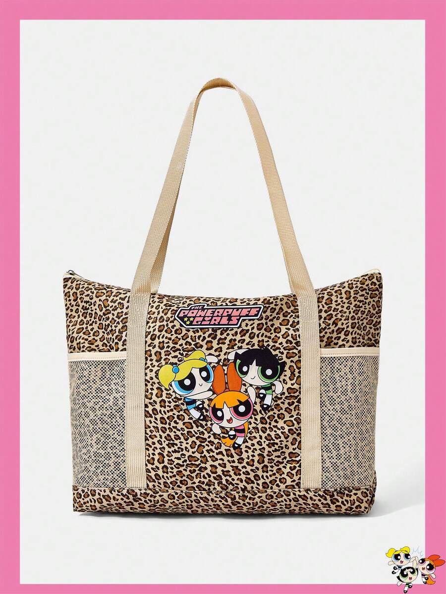 THE POWERPUFF GIRLS X A Leopard Print Shoulder Tote Bag For Girls, Versatile For Multiple Scenarios, Large Capacity, Ultra Lightweight, Durable, Versatile And Practical, High Aesthetic Value, Fa