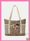 THE POWERPUFF GIRLS X A Leopard Print Shoulder Tote Bag For Girls, Versatile For Multiple Scenarios, Large Capacity, Ultra Lightweight, Durable, Versatile And Practical, High Aesthetic Value, Fa