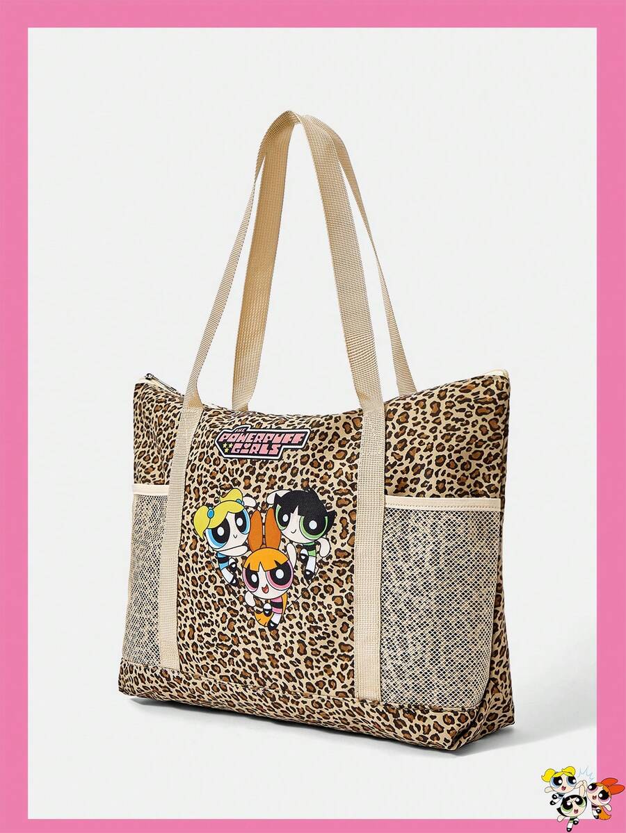 THE POWERPUFF GIRLS X A Leopard Print Shoulder Tote Bag For Girls, Versatile For Multiple Scenarios, Large Capacity, Ultra Lightweight, Durable, Versatile And Practical, High Aesthetic Value, Fa