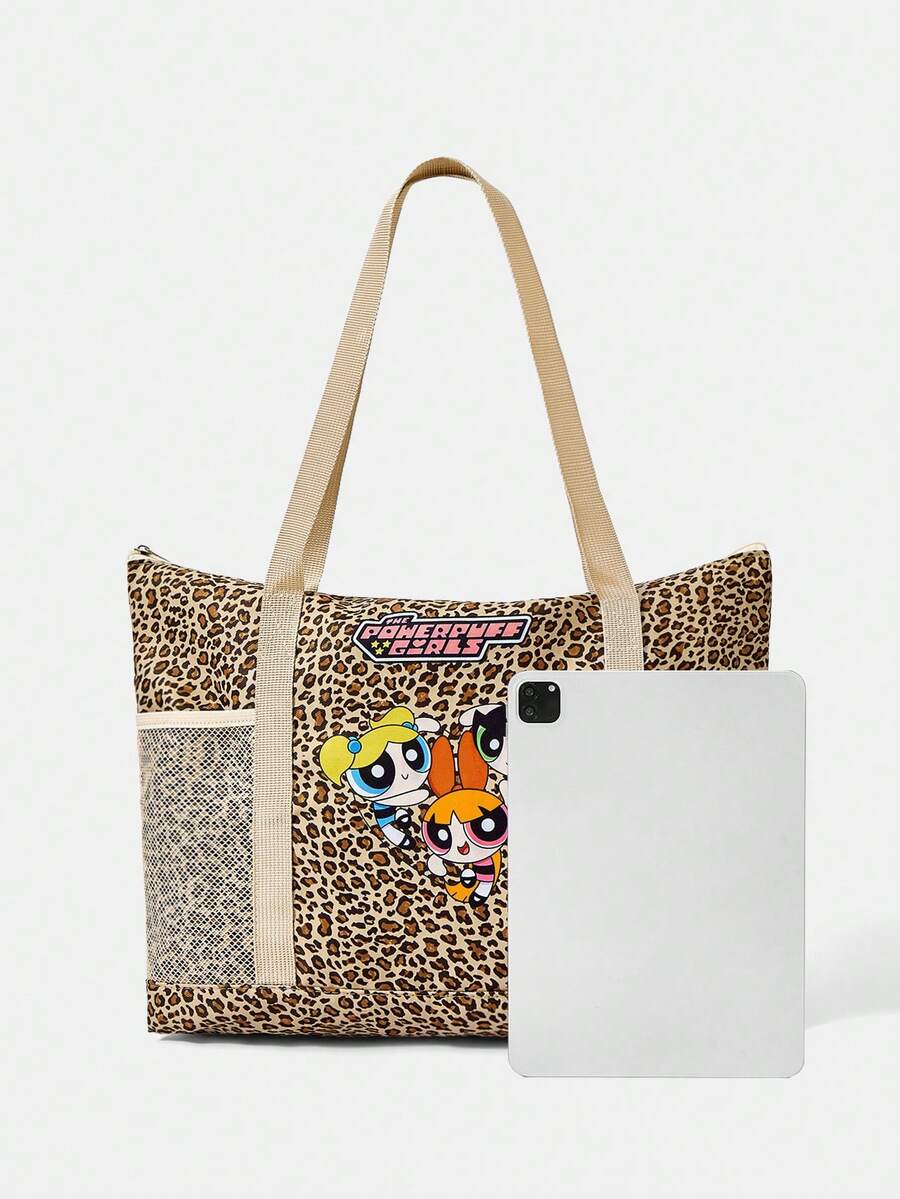 THE POWERPUFF GIRLS X A Leopard Print Shoulder Tote Bag For Girls, Versatile For Multiple Scenarios, Large Capacity, Ultra Lightweight, Durable, Versatile And Practical, High Aesthetic Value, Fa