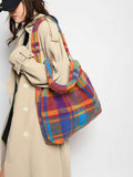 Women's Winter Simple Color Blocking Lambswool Tote Bag, Large Capacity Fashionable Handbag, Office Bag