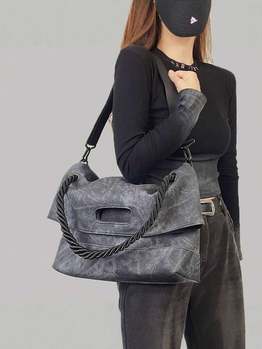 Vintage Distressed Soft Leather Tote Bag For Women, Large Capacity, Commuter Shoulder Bag, Crossbody Bag