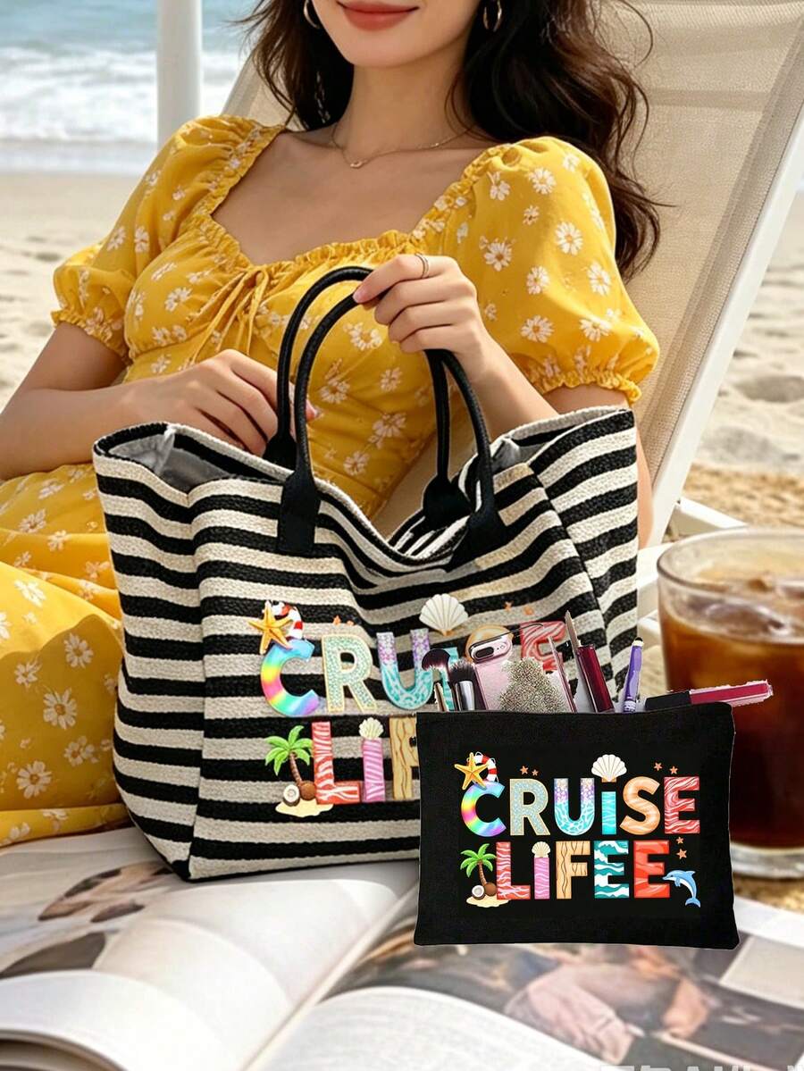 Cruise Life Striped Beach Tote Bag Set, Large Capacity Canvas Summer Vacation Tote Bag With Matching Small Pouch, Tropical Cruise Theme Shoulder Bag Suitable For Beach Travel, Shopping, Perfect For Cr
