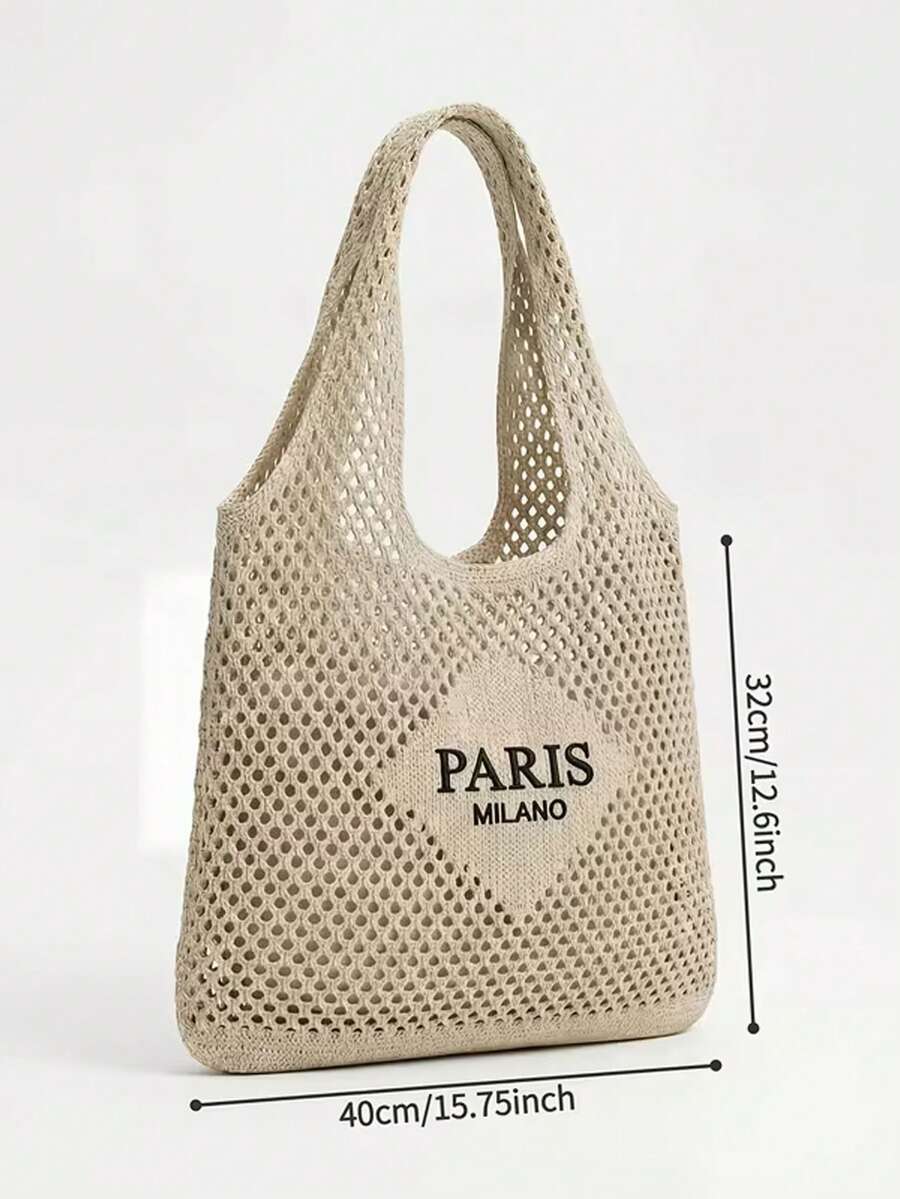 Women's Tote Bag- Vacation Style Paris Letter Embroidery Beach Bag, Vintage Hollow Breathable Beach & Travel Bag, Casual Shopping Accessory