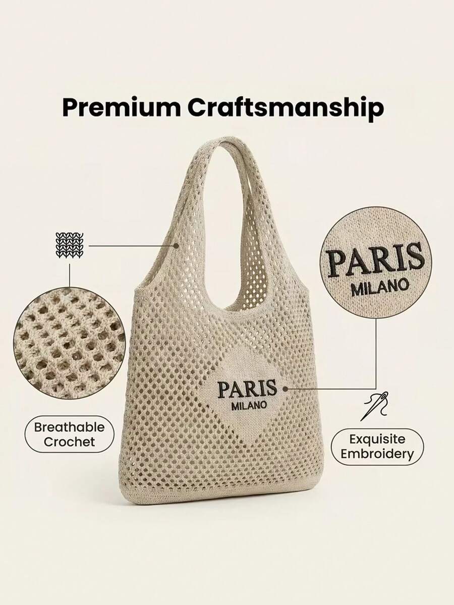 Women's Tote Bag- Vacation Style Paris Letter Embroidery Beach Bag, Vintage Hollow Breathable Beach & Travel Bag, Casual Shopping Accessory