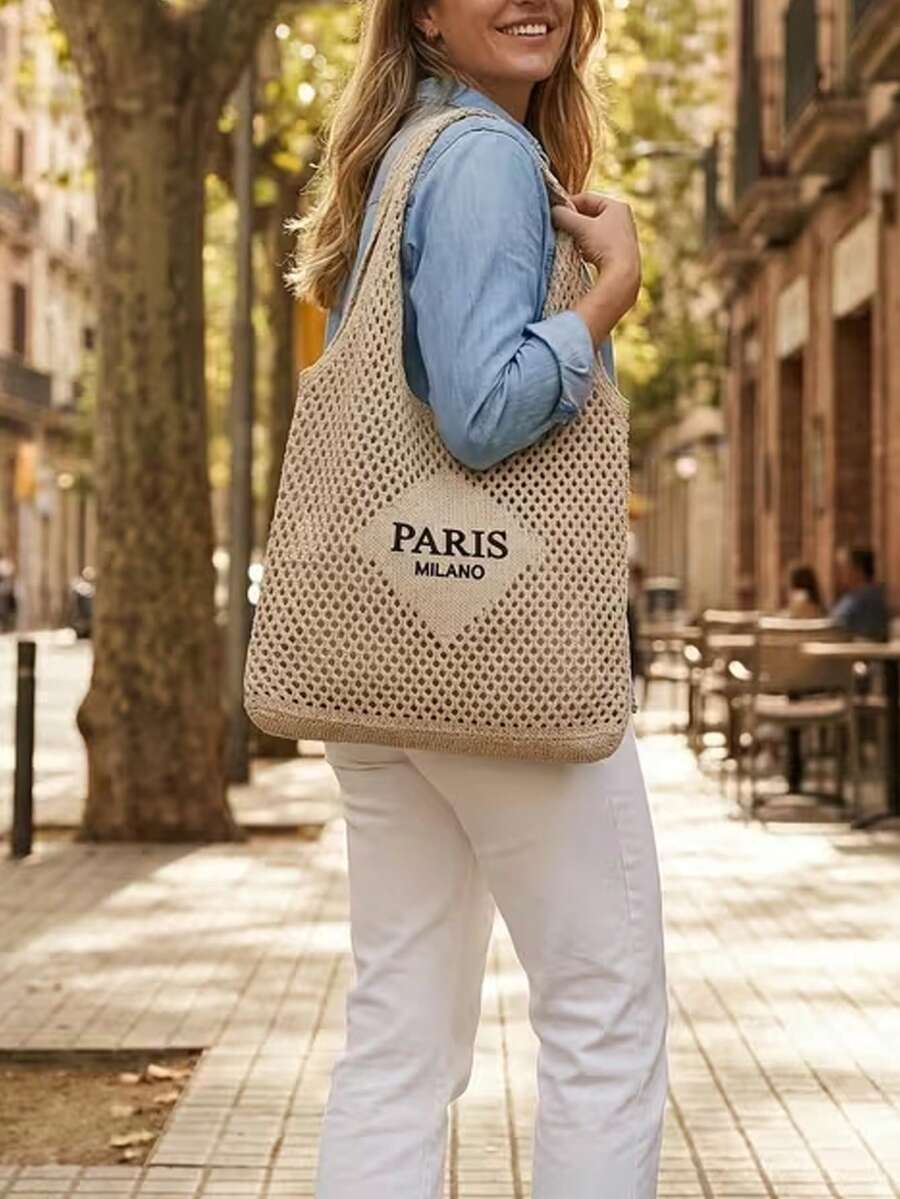 Women's Tote Bag- Vacation Style Paris Letter Embroidery Beach Bag, Vintage Hollow Breathable Beach & Travel Bag, Casual Shopping Accessory