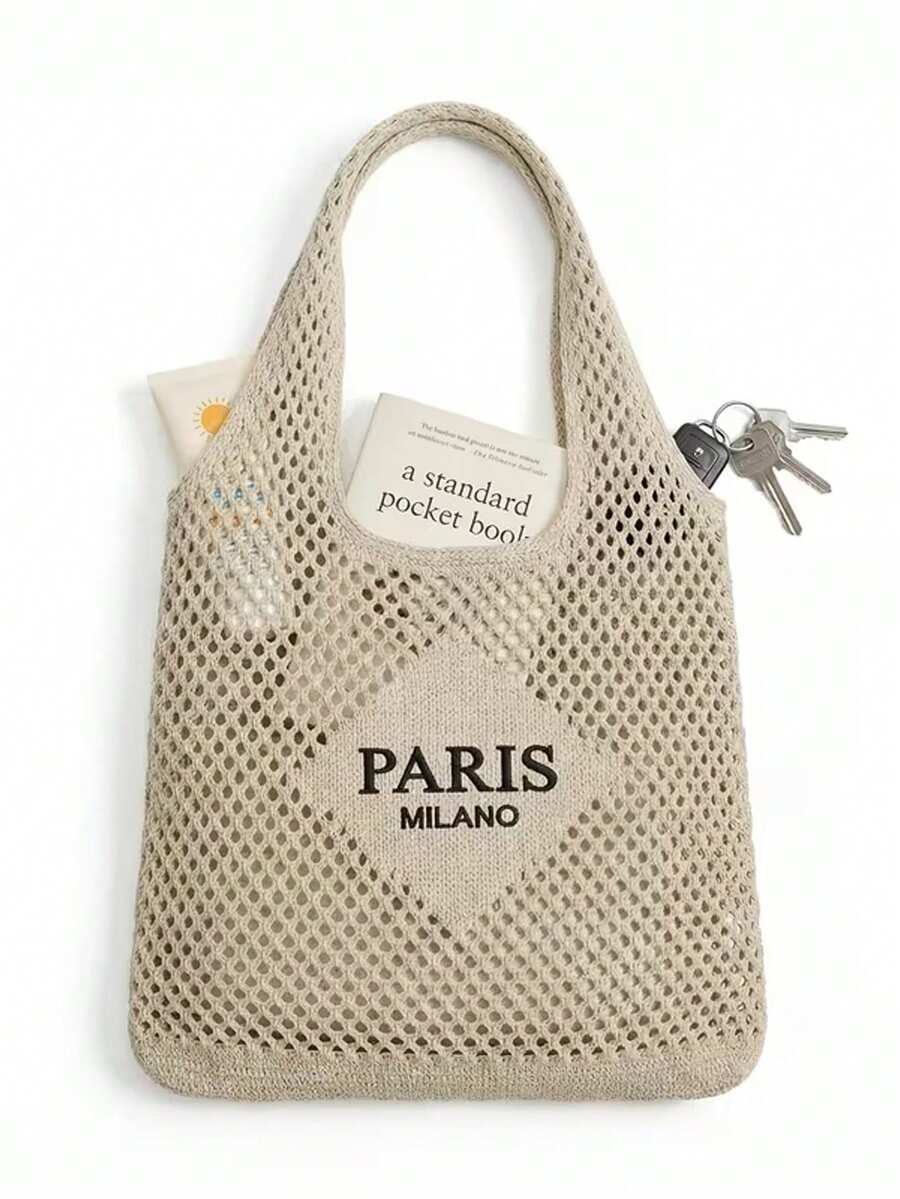 Women's Tote Bag- Vacation Style Paris Letter Embroidery Beach Bag, Vintage Hollow Breathable Beach & Travel Bag, Casual Shopping Accessory