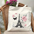 1pc Women' Paris Tote Bag With Eiffel Tower Roses Butterflies Print- French Suit