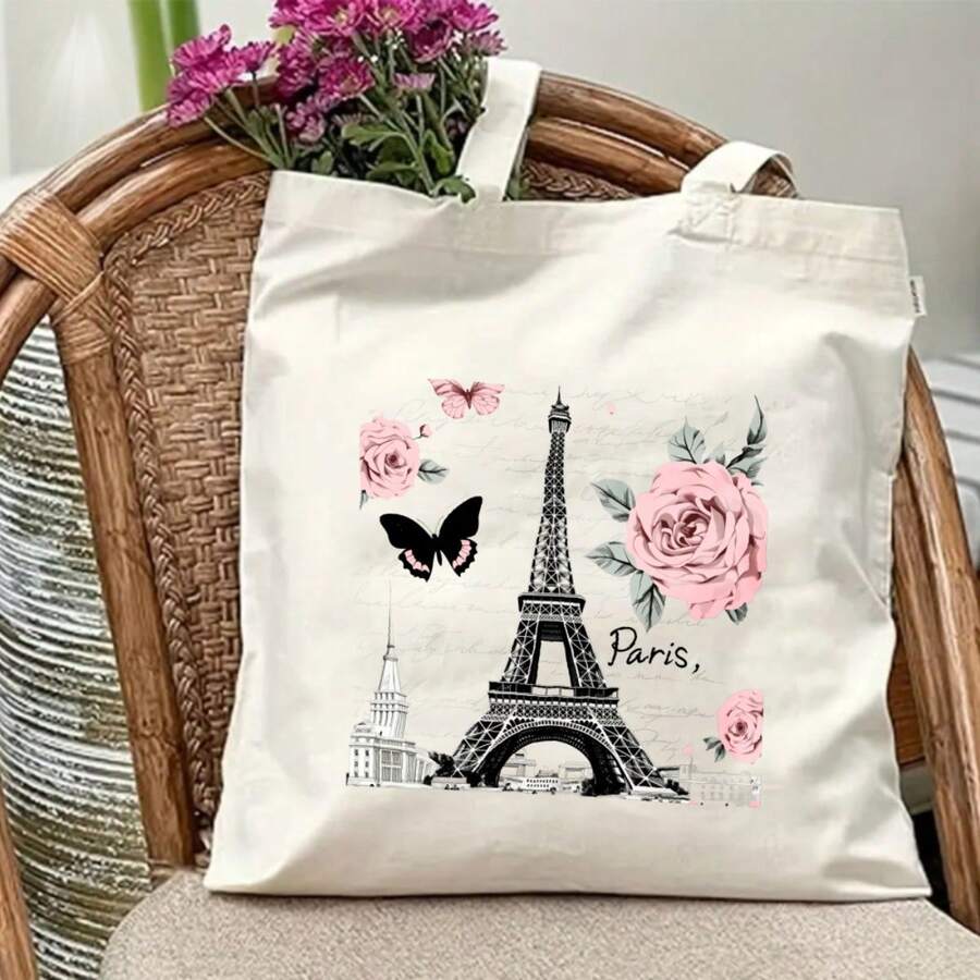 1pc Women' Paris Tote Bag With Eiffel Tower Roses Butterflies Print- French Suitable For School, Shopping, Travel- Bookbag Gift For Mom, Students, Teachers, Christmas Or Birthday Present