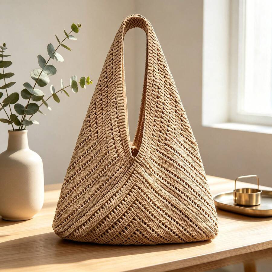 Summer Women'S Vintage Vacation Style,Women Hollow Knitted Shoulder Bag,Simple Crochet Handbag,Lightweight Casual Hollow Out Pattern Crochet Bag