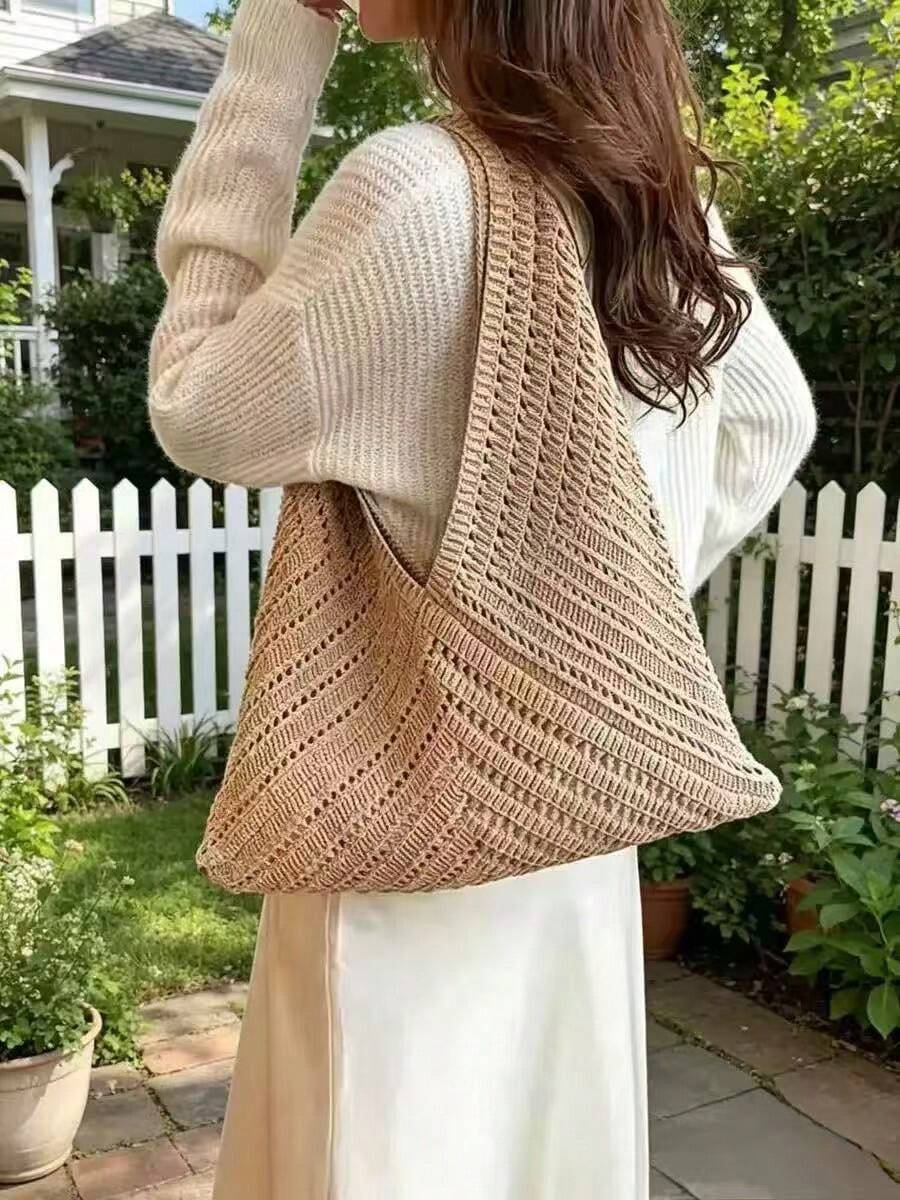 Summer Women'S Vintage Vacation Style,Women Hollow Knitted Shoulder Bag,Simple Crochet Handbag,Lightweight Casual Hollow Out Pattern Crochet Bag