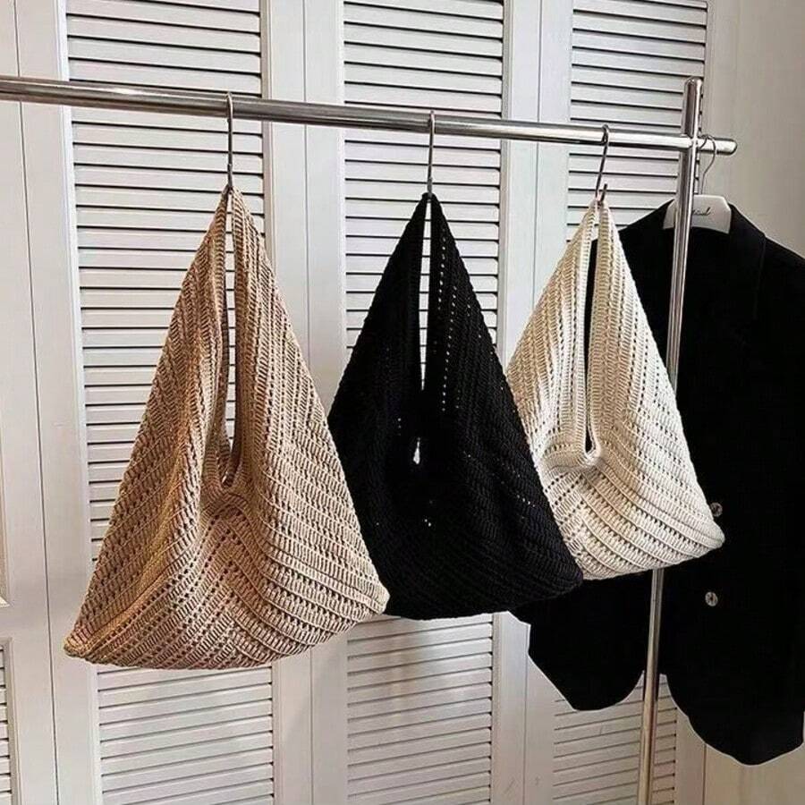 Summer Women'S Vintage Vacation Style,Women Hollow Knitted Shoulder Bag,Simple Crochet Handbag,Lightweight Casual Hollow Out Pattern Crochet Bag
