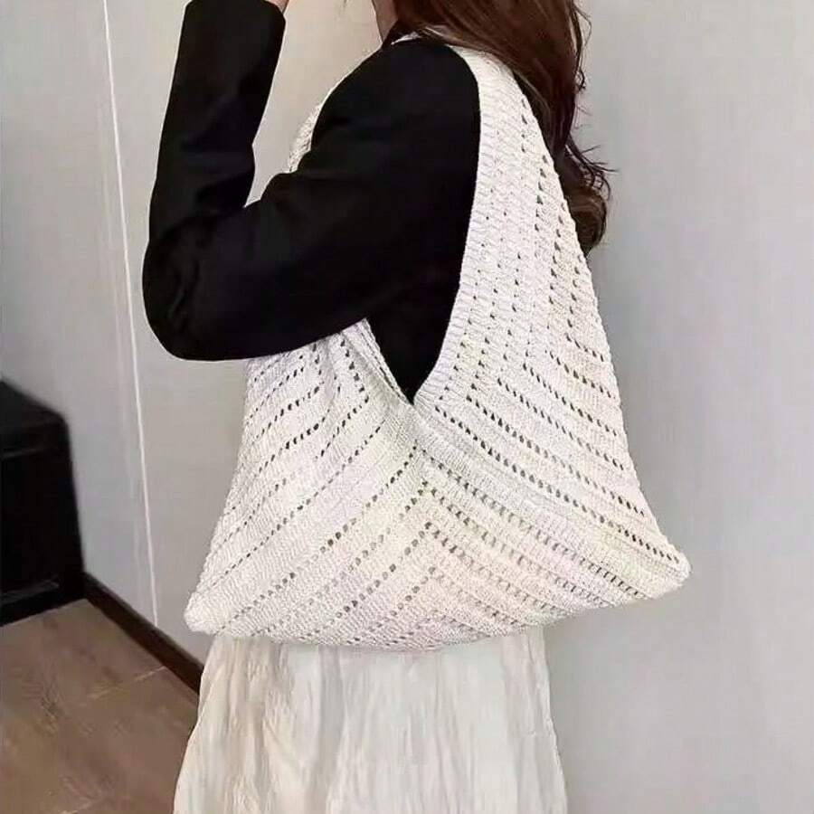 Summer Women'S Vintage Vacation Style,Women Hollow Knitted Shoulder Bag,Simple Crochet Handbag,Lightweight Casual Hollow Out Pattern Crochet Bag