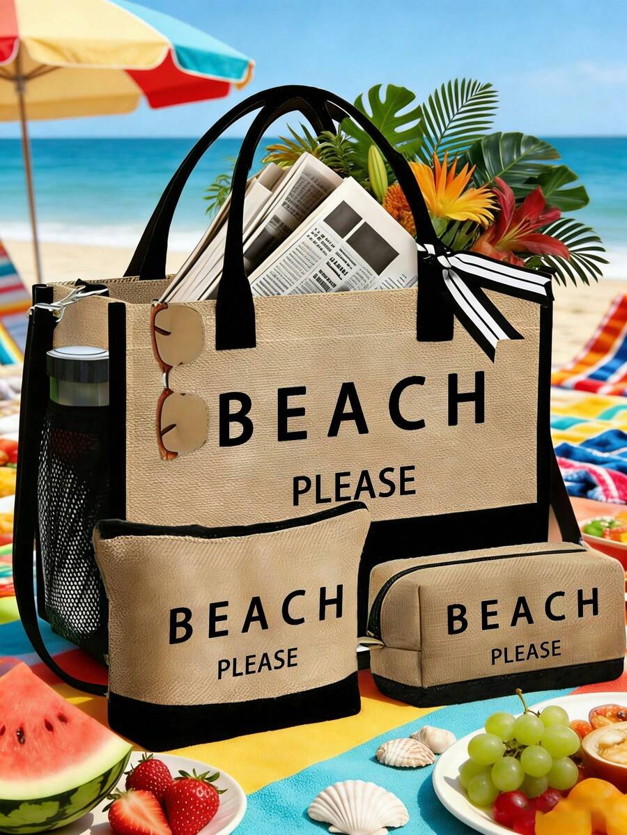 Women's Beach Tote Bag, Beach Accessory Canvas Bag, Suitable For Wedding, Birthday, Holiday, Great Gift For Women, Mom, Teacher, Friend, Bridesmaid, Student, Back To School, Large Bag, Vacation Weeken