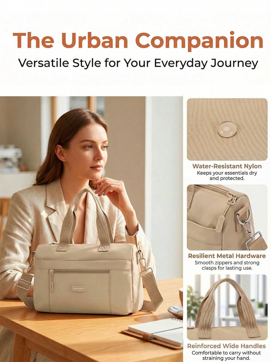 Waterproof Nylon Crossbody Bag For Women Small Tote With Zipper, Lightweight Multi Pocket Everyday Work Satchel Purse