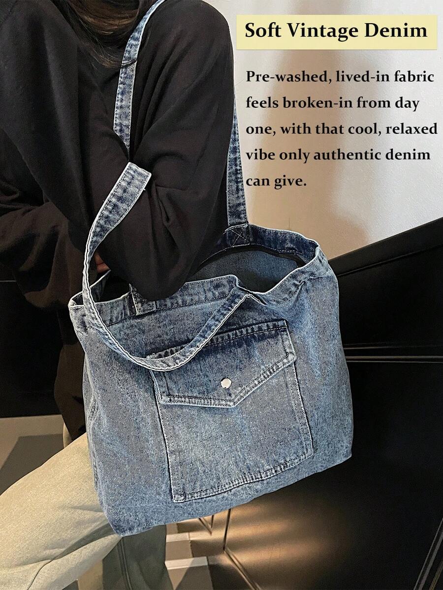 Vintage Distressed Denim Tote Bag For Women Casual Shoulder Bag Black Purse Spacious Handbag For Cow Girl Travel Essential Back To School Outfits