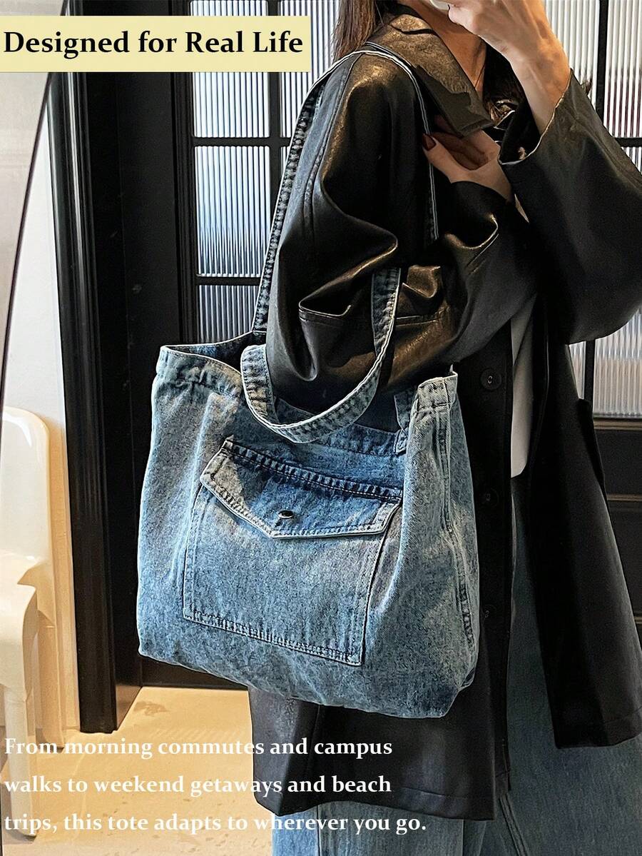 Vintage Distressed Denim Tote Bag For Women Casual Shoulder Bag Black Purse Spacious Handbag For Cow Girl Travel Essential Back To School Outfits
