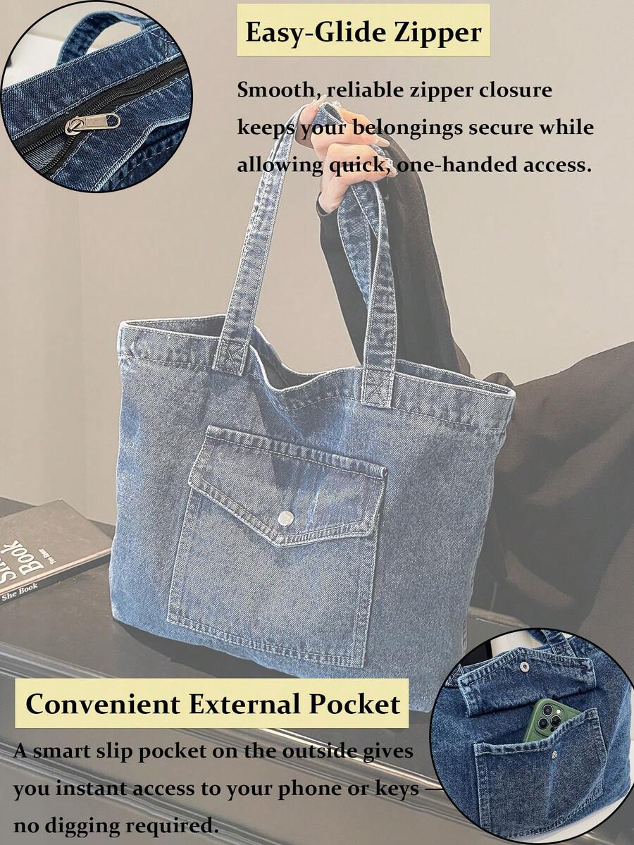 Vintage Distressed Denim Tote Bag For Women Casual Shoulder Bag Black Purse Spacious Handbag For Cow Girl Travel Essential Back To School Outfits