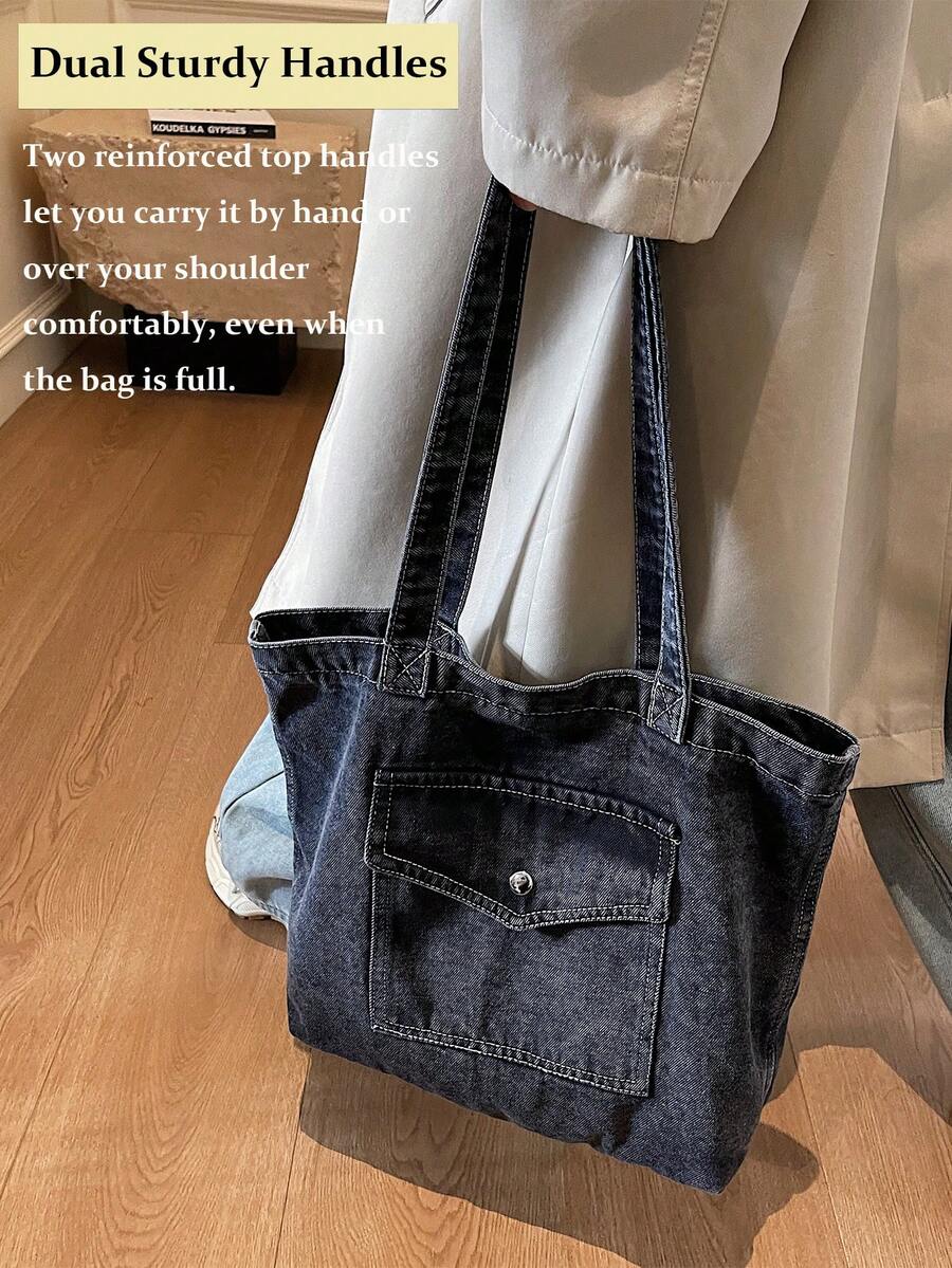 Vintage Distressed Denim Tote Bag For Women Casual Shoulder Bag Black Purse Spacious Handbag For Cow Girl Travel Essential Back To School Outfits