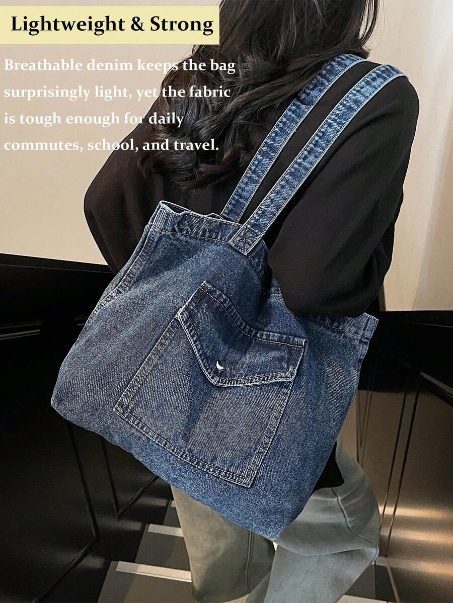 Vintage Distressed Denim Tote Bag For Women Casual Shoulder Bag Black Purse Spacious Handbag For Cow Girl Travel Essential Back To School Outfits