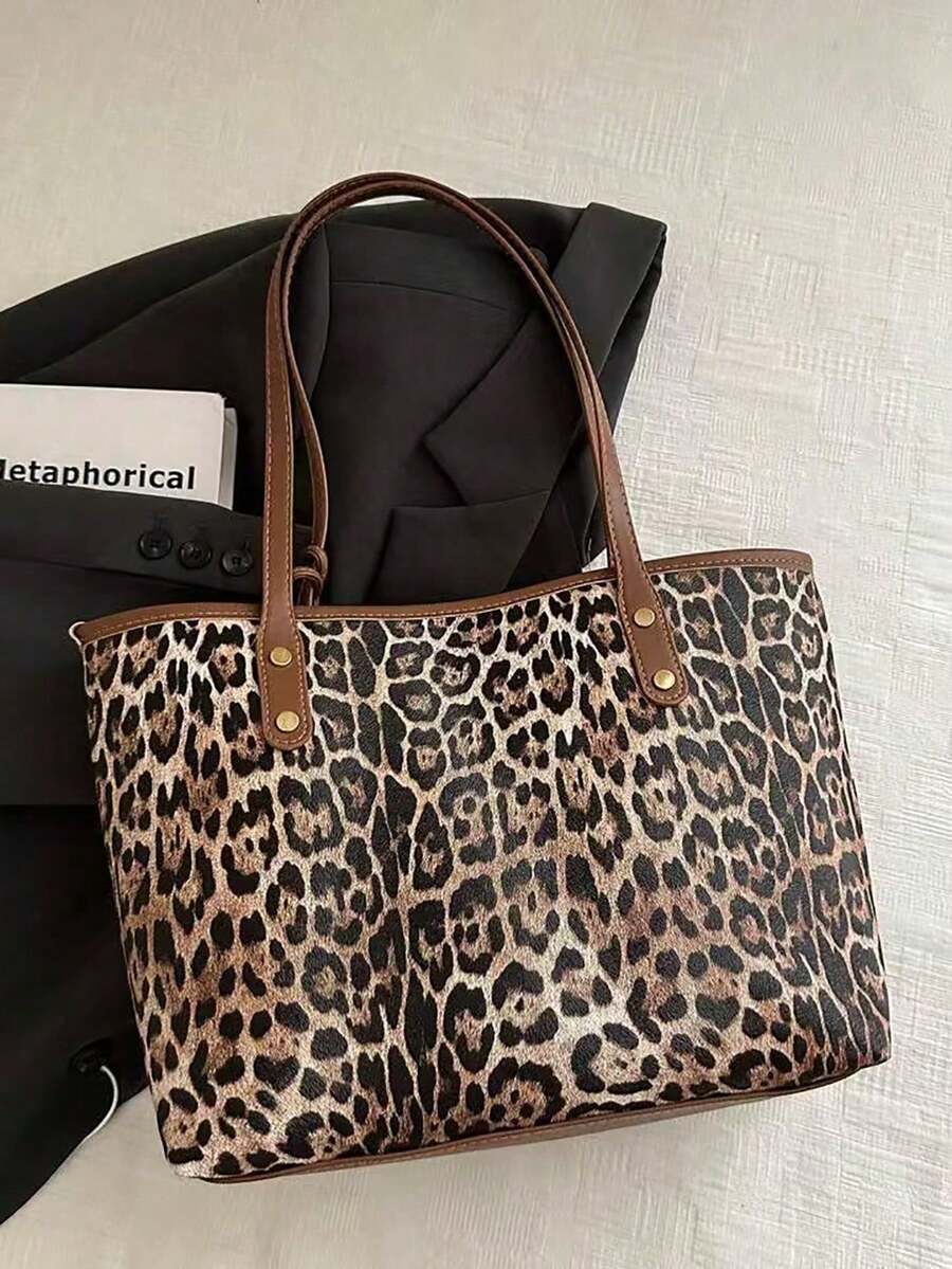 2pcs/Set Women's Large Capacity Leopard Print Handbag, Retro PU Shoulder Bag, Suitable For Female College Students, Career Starters, And Office Ladies, Applicable For Office, Campus, Work, Business, C
